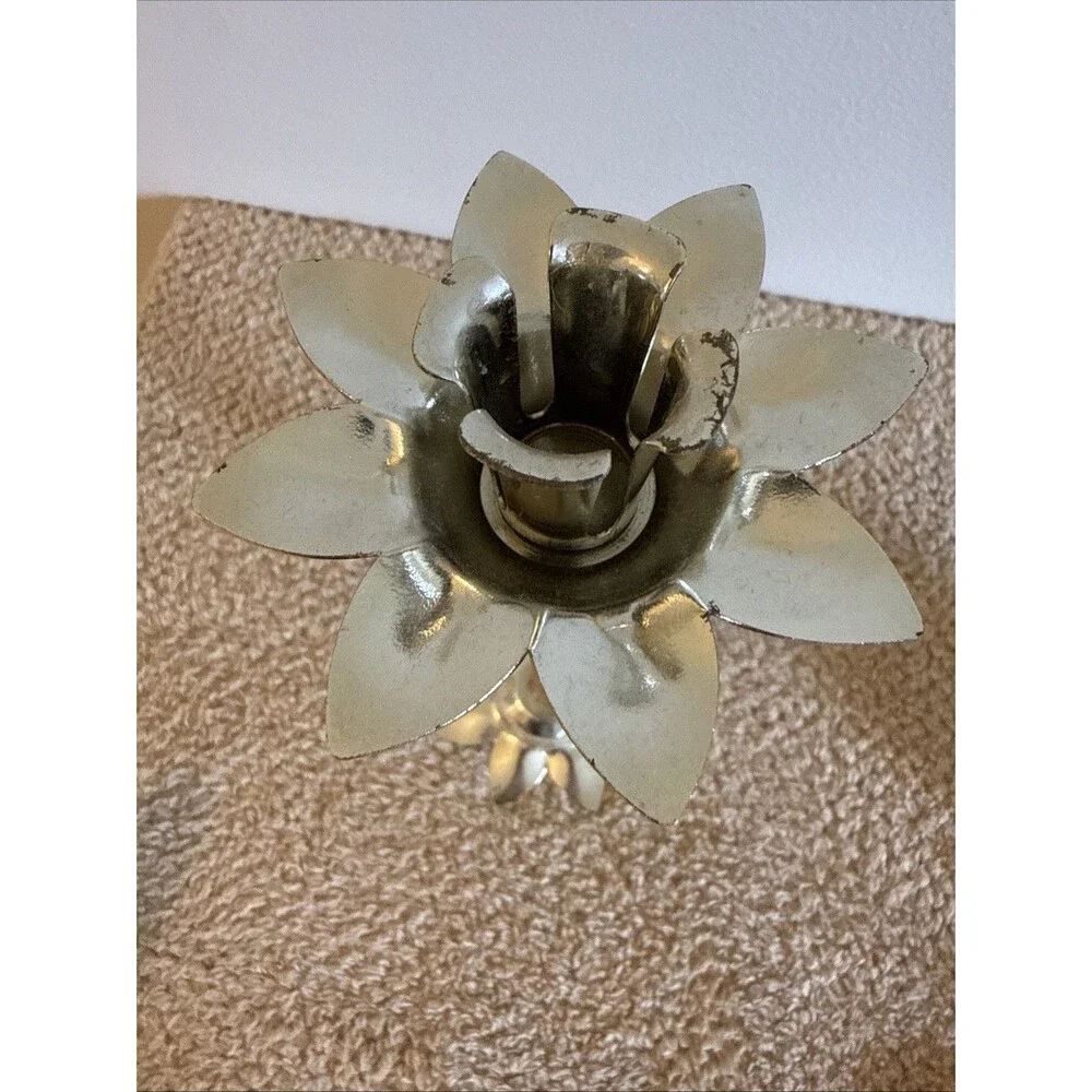 Vintage Nu-Trend Mid Century Modern Teak And Metal Flower Candleholder 9.5”